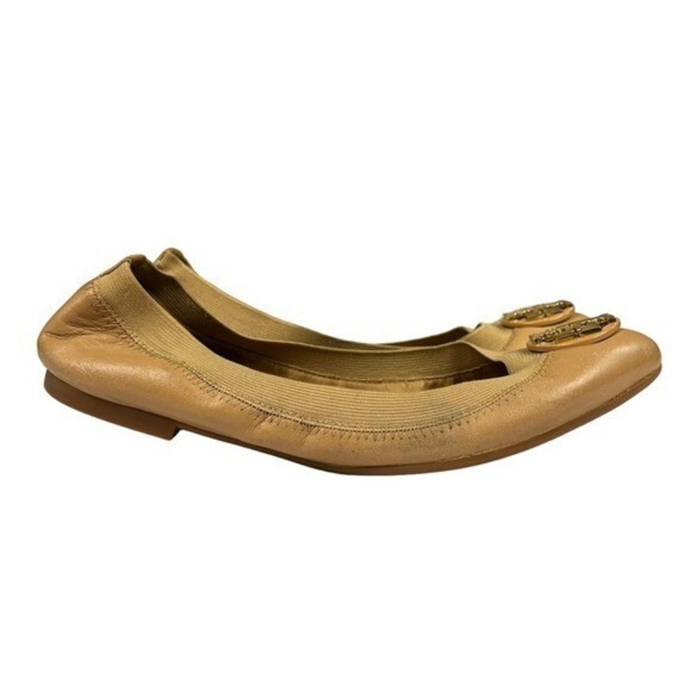 Tory Burch Ballet Tan Leather Flat 6 Gold Logo Medallion Minimalist Classic Chic